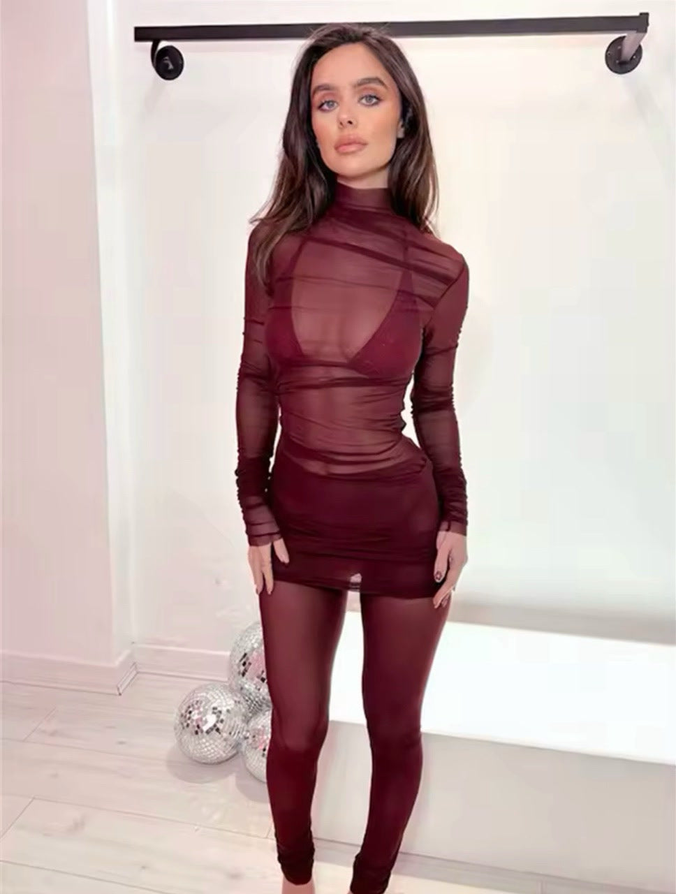 Wine Color Mesh Two Piece Set