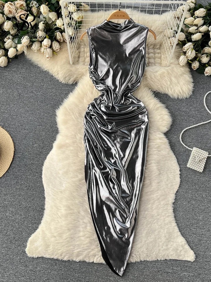 Metallic silver mid length dress product 