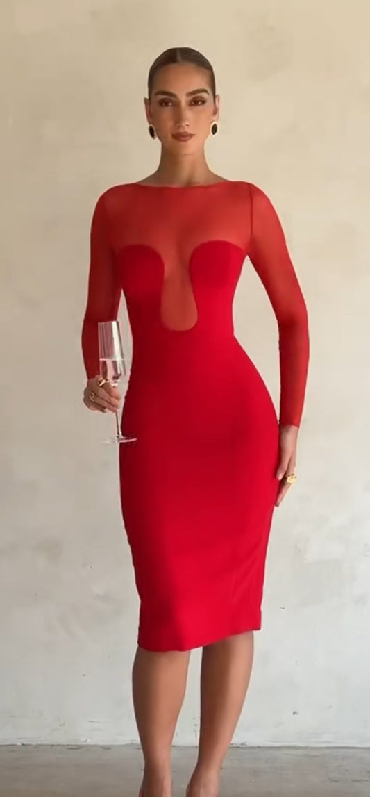 Red Long Sleeve Midi