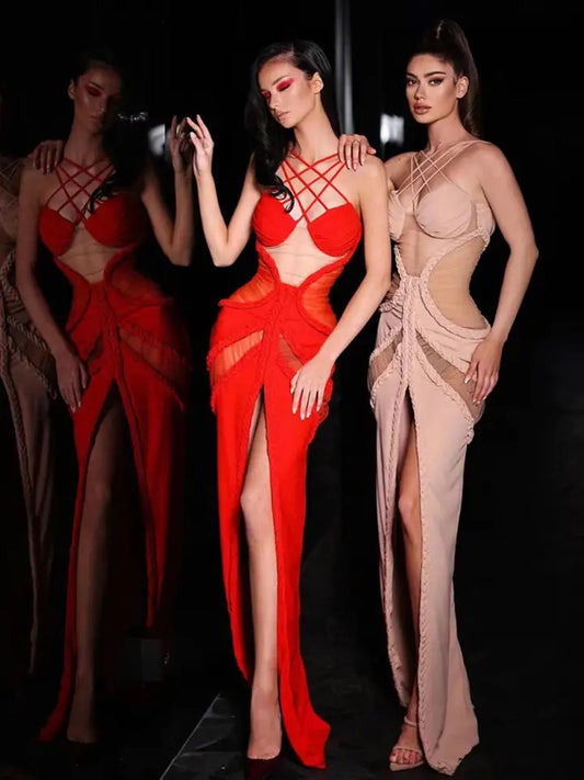 Models in red and tan dress 