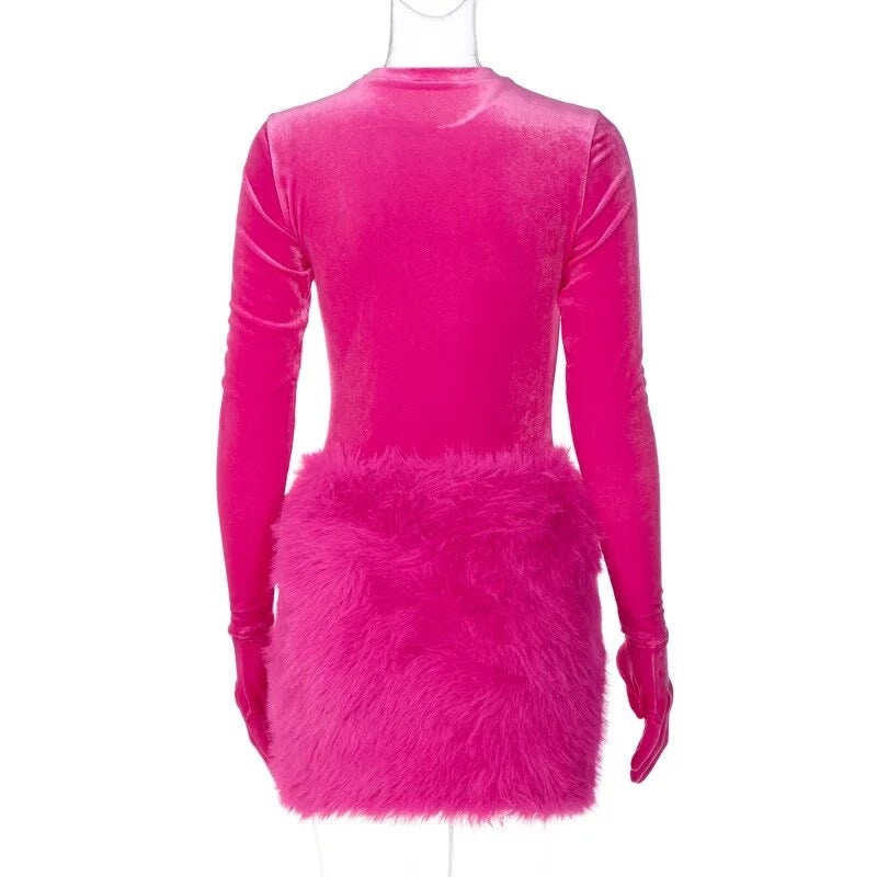 Long Sleeve Gloved Fur Dress