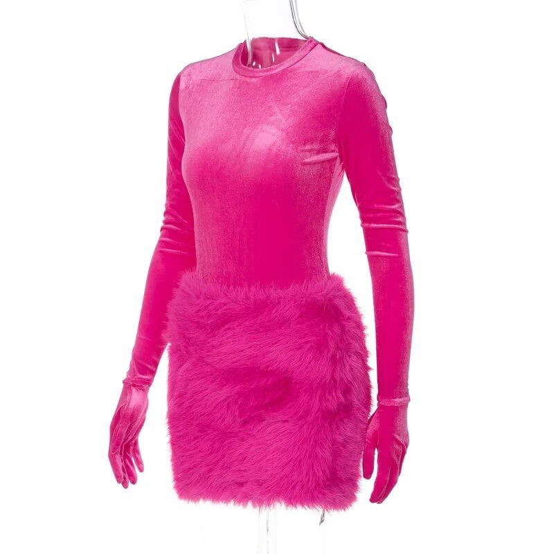 Long Sleeve Gloved Fur Dress