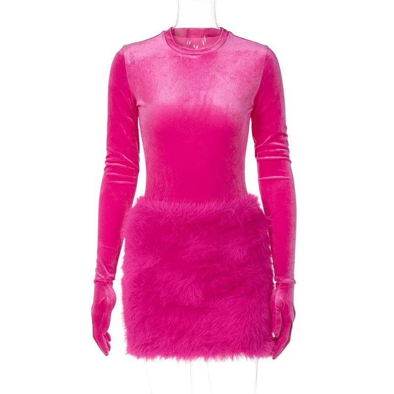 Long Sleeve Gloved Fur Dress