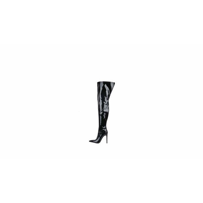 Off White/Black Pat Pointed Toe Thigh High Stiletto Boot