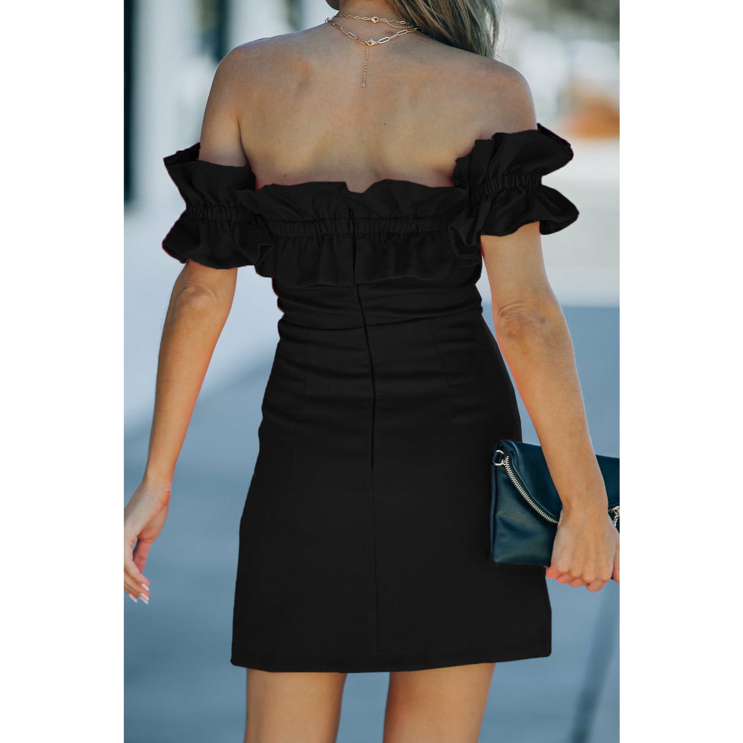 Off-Shoulder Ruffled Zip-Back Mini Dress